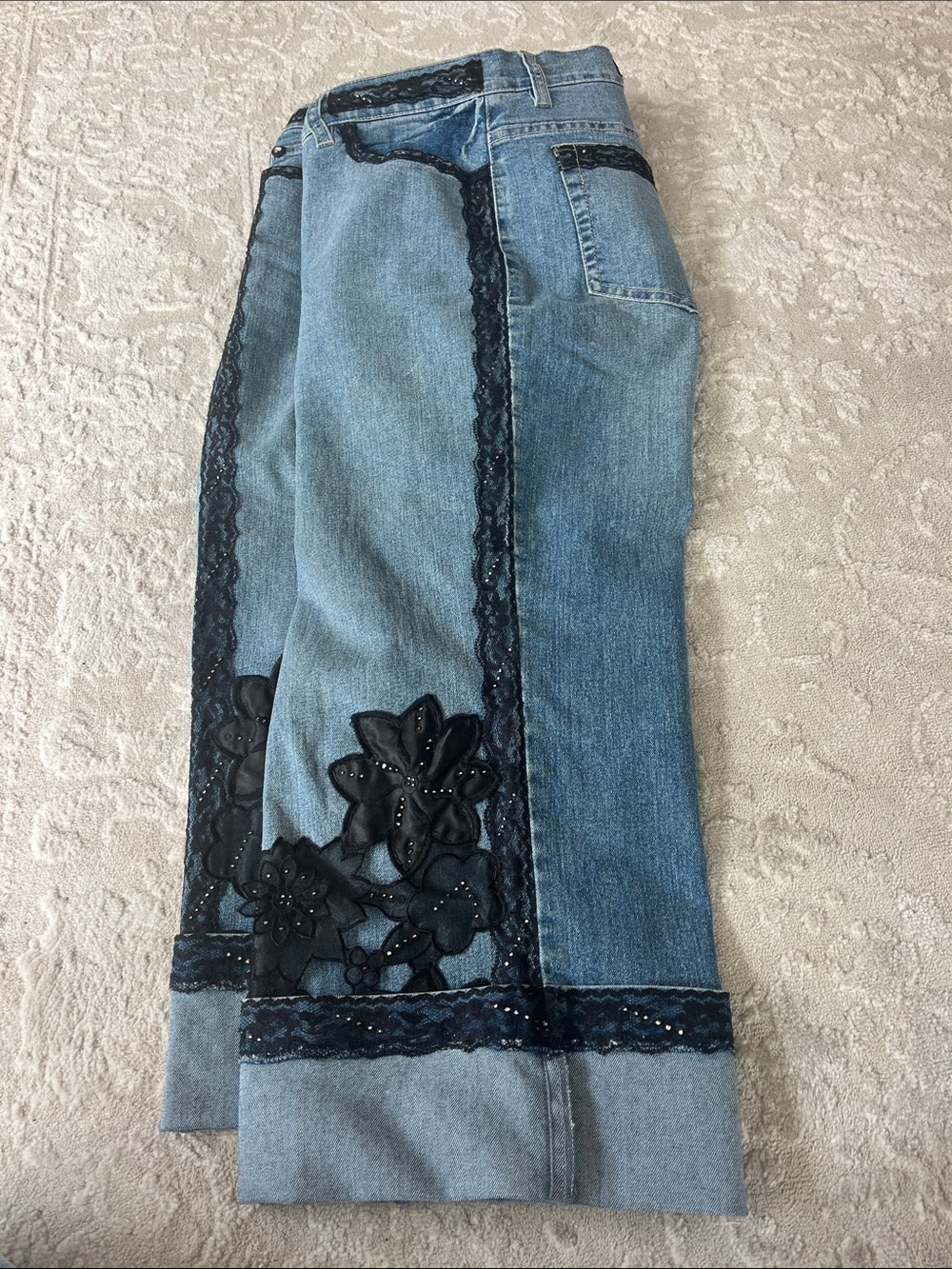 V Christina Wide Cuff Cropped Jeans with Black Lace & Floral Appliqué